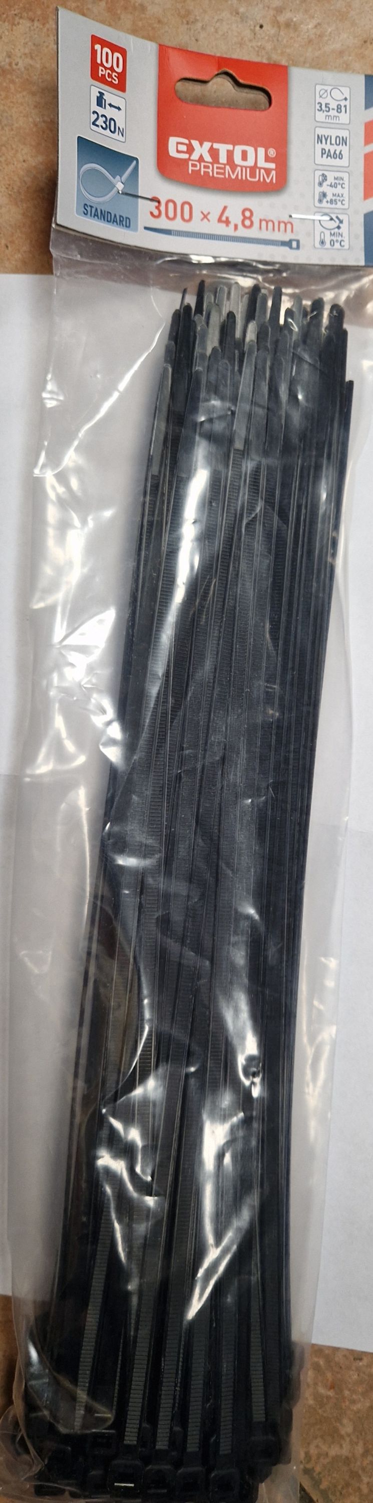 EXTOL kábelkötegelő 4,8×300mm 100db, fekete nylon; UV-, sav- és lúgálló termék fő termékképe