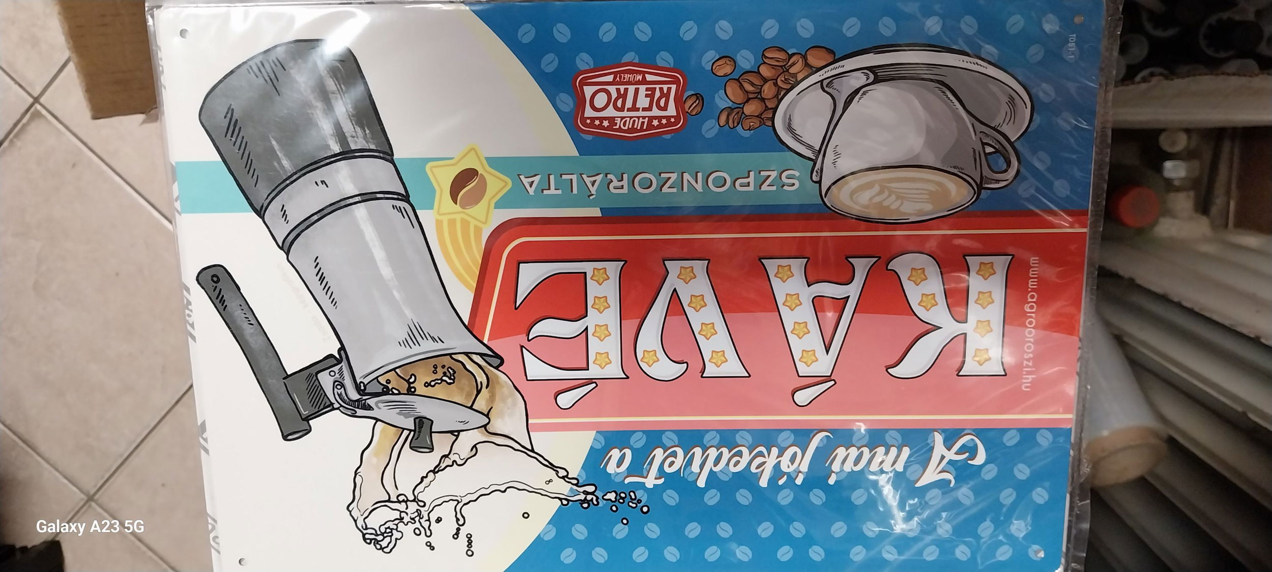 Retro fémtábla - A mai jókedvet a kávé szponzorálta- kék - A4 - 20x30 cm termék fő termékképe