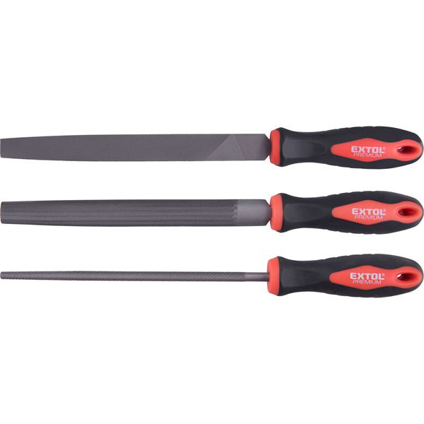 EXTOL Fémreszelő klt., 3 db (lapos, félkerek, kerek), 200mm, T12 acél, vágat 2, finom, TPR gumis műanyag nyél termék fő termékképe