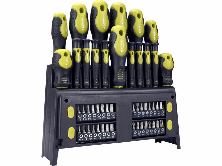 EXTOL Csavarhúzó készlet 49 db, CrV, mágneses,  4db lapos + 4 db PH + 8 db órás csavarhúzó + BIT-ek, műa. tartóállvány, bliszteren termék fő termékképe