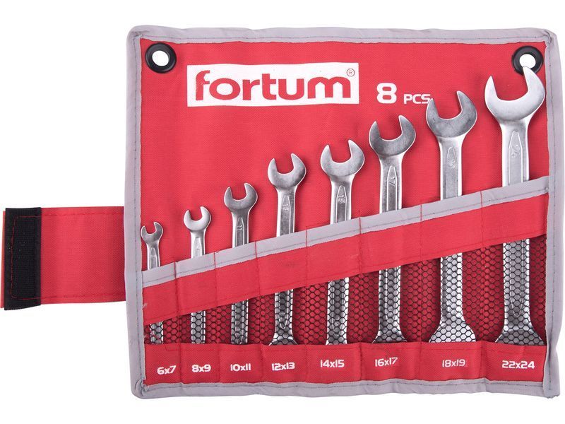 Fortum Villáskulcs készlet 8db 6-24mm, 61CrV5, mattkróm; 6×7, 8×9, 10×11, 12×13, 14×15, 16×17, 18×19, 22×24mm, vászon tok FORTUM termék fő termékképe