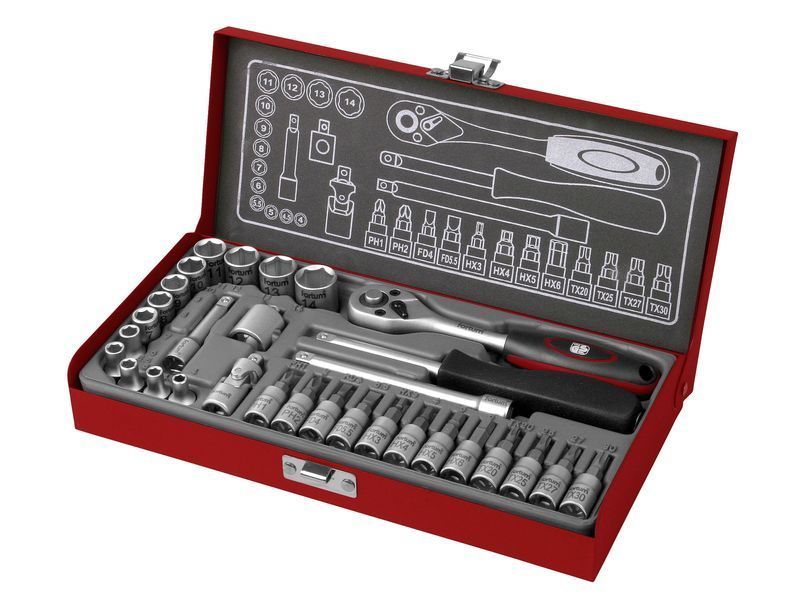 FORTUM dugókulcs és bitdugófej készlet. 1/4", 31db, 61CrV5; mattkróm termék fő termékképe