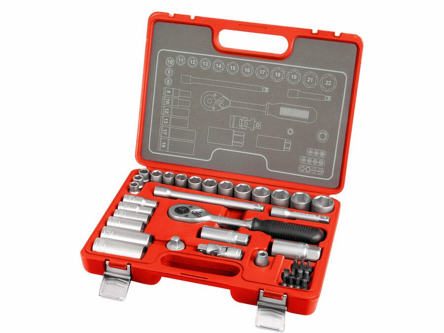 Extol dugókulcs készlet, CV., racsnis 45fog ; 3/8", 39db, normál(8-22mm) és hosszú(8-19mm) dugófejek, gyertyakulcs 16&21mm, 11 bi termék fő termékképe