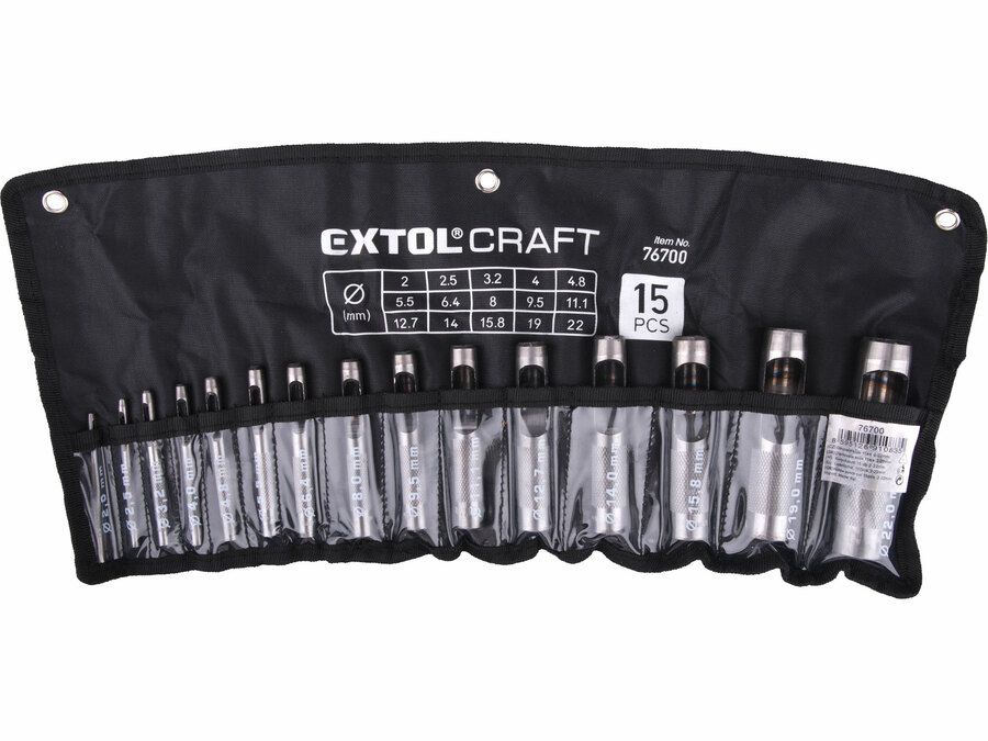 EXTOL Bőrlyukasztó klt., textil tartóban; 15db, 2-22mm (méretek: infó!) termék fő termékképe