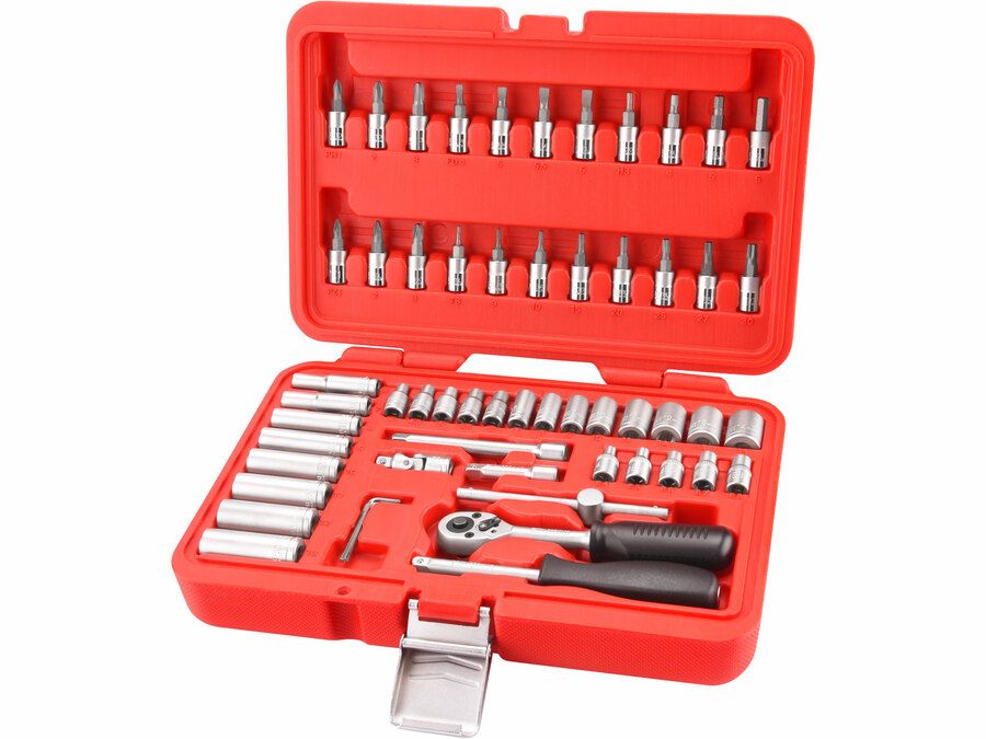 Extol dugókulcs készlet CV., 45fog; 1/4", 57db, dugófejek: 4-14mm, bitdugófej (-, +, imbusz, torx) termék fő termékképe