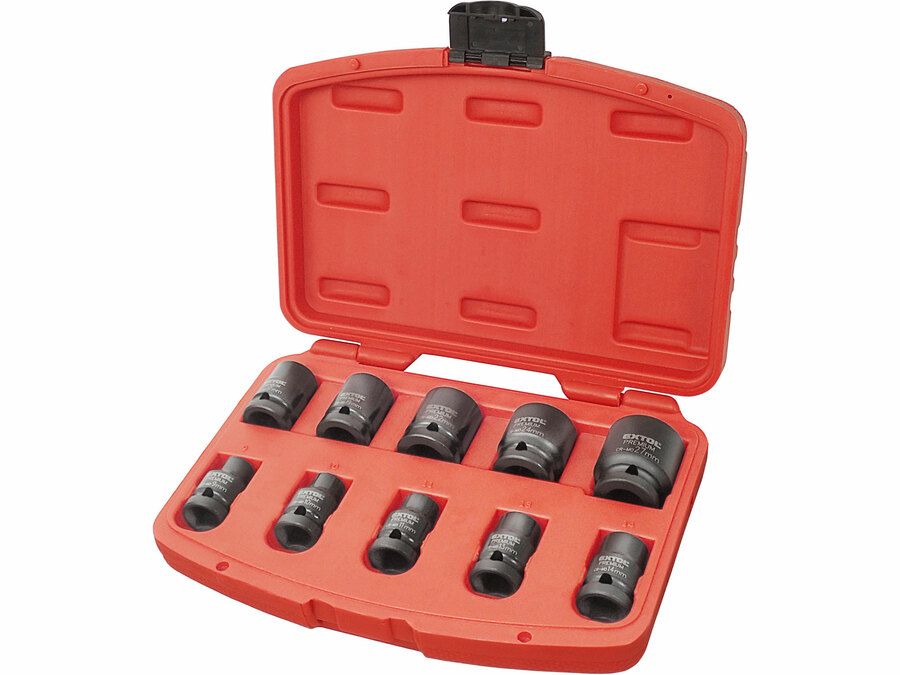 EXTOL gépi (impakt) dugófej klt. 1/2", 10db, 9-27mm × 37 mm ; feketített, műanyag tartóban termék fő termékképe