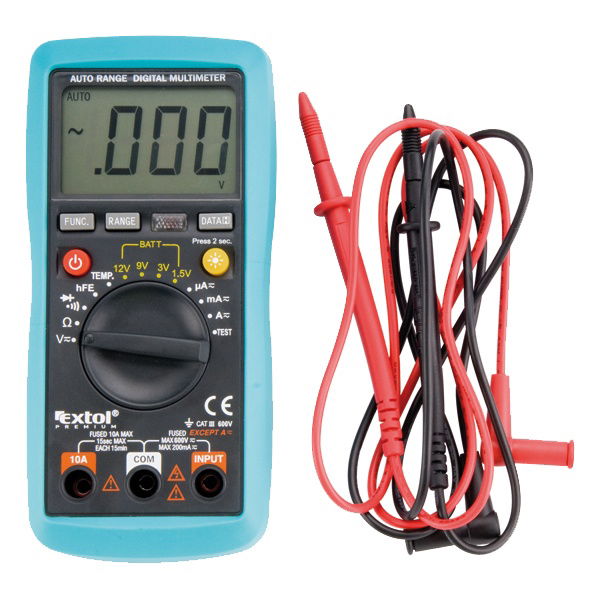 EXTOL digitális multiméter; Amper/Volt/Ohm mérő, hangjelző funkcióval, CE, 3 db 1,5V AAA elem termék fő termékképe