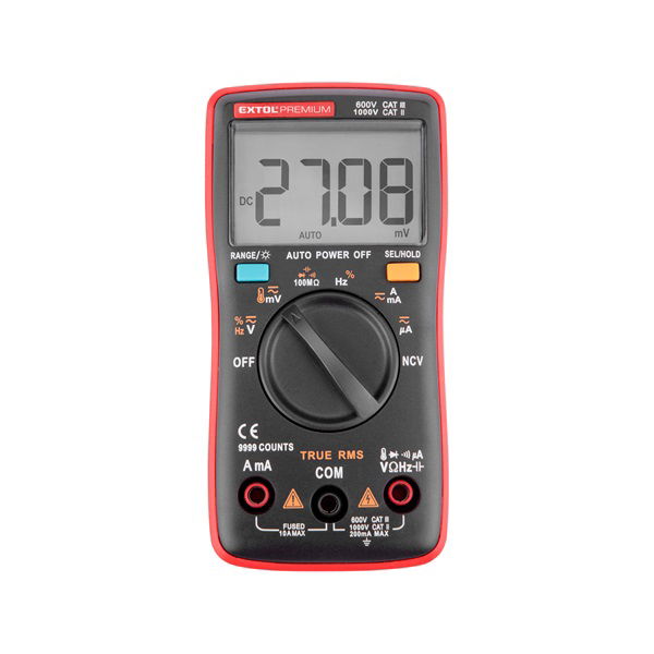 EXTOL digitális multiméter; Amper/Volt/Ohm mérő, True RMS, hangjelző funkcióval, CE, 2 db 1,5V AA elem termék fő termékképe