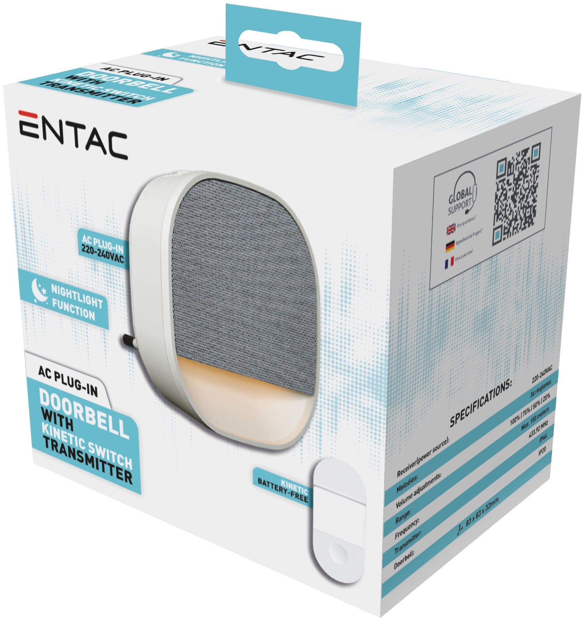 ENTAC Hálózati Ajtócsengő Éjjeli Fény funkcióval, IP44 Adókészülékkel termék fő termékképe