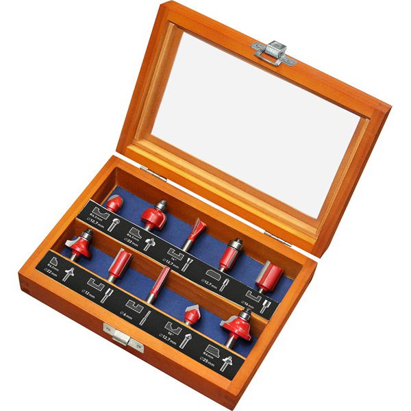 EXTOL Felsőmaró készlet10 db-os (fadobozban) ; 6mm-es befogással, keményfém lapkás, csapágyas, 8893310 élmarógéphez termék fő termékképe