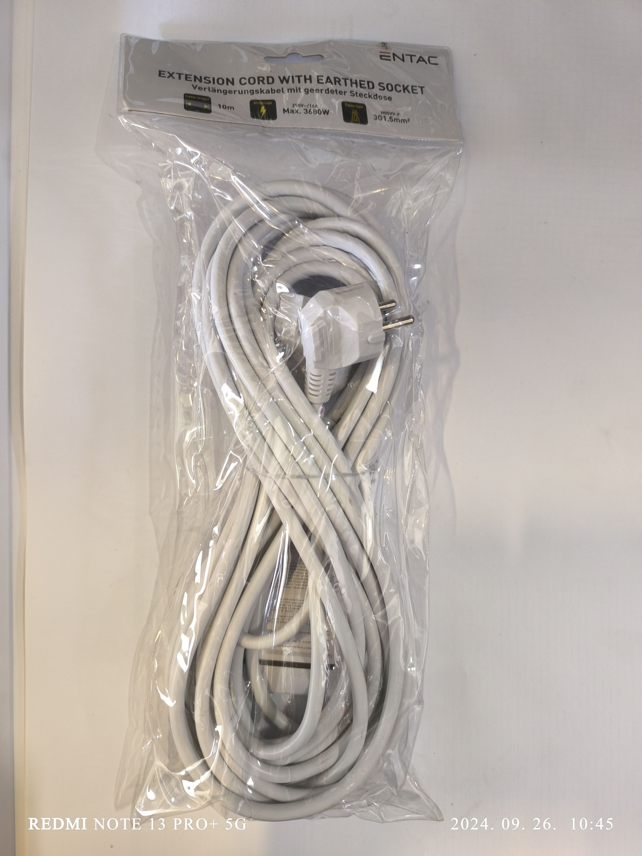 ENTAC Hálózati hosszabbító földelt aljzattal 10m 3G1.5mm2 termék fő termékképe