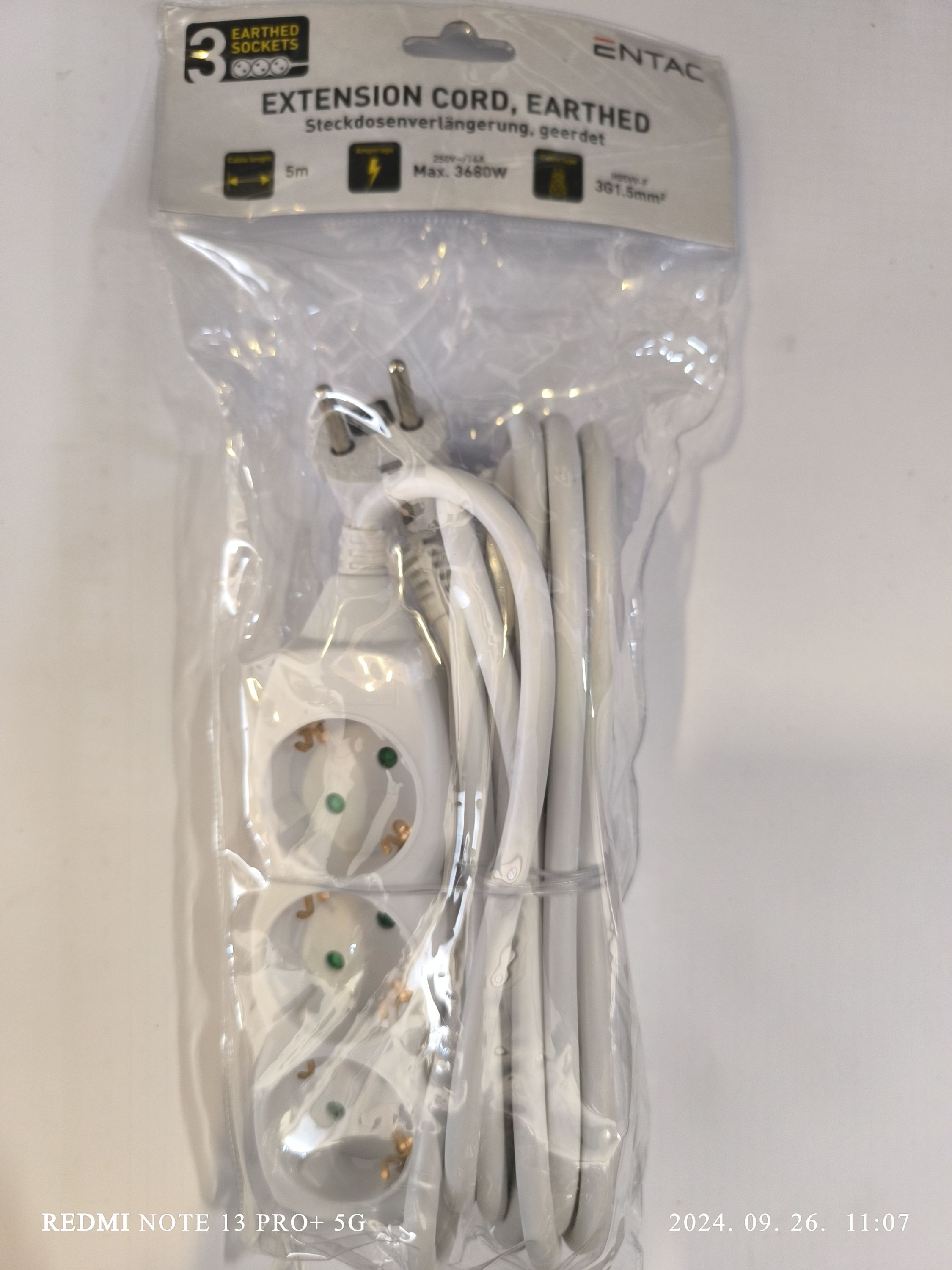 ENTAC elosztó 3 foglalat 5m  3G1.5mm2 termék fő termékképe