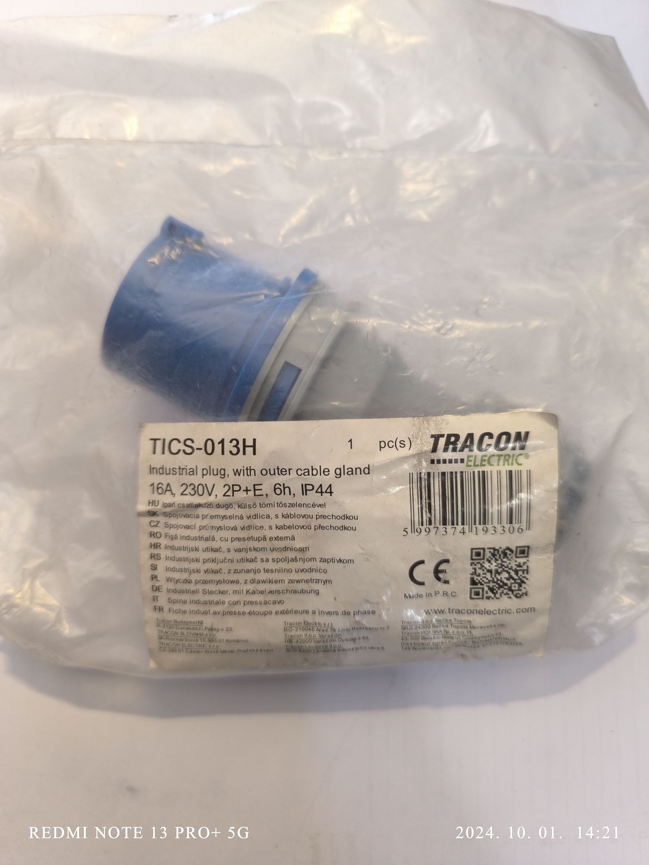 TRACON ipari csatlakozó dugó 16A 230V 2P+E IP44 termék fő termékképe