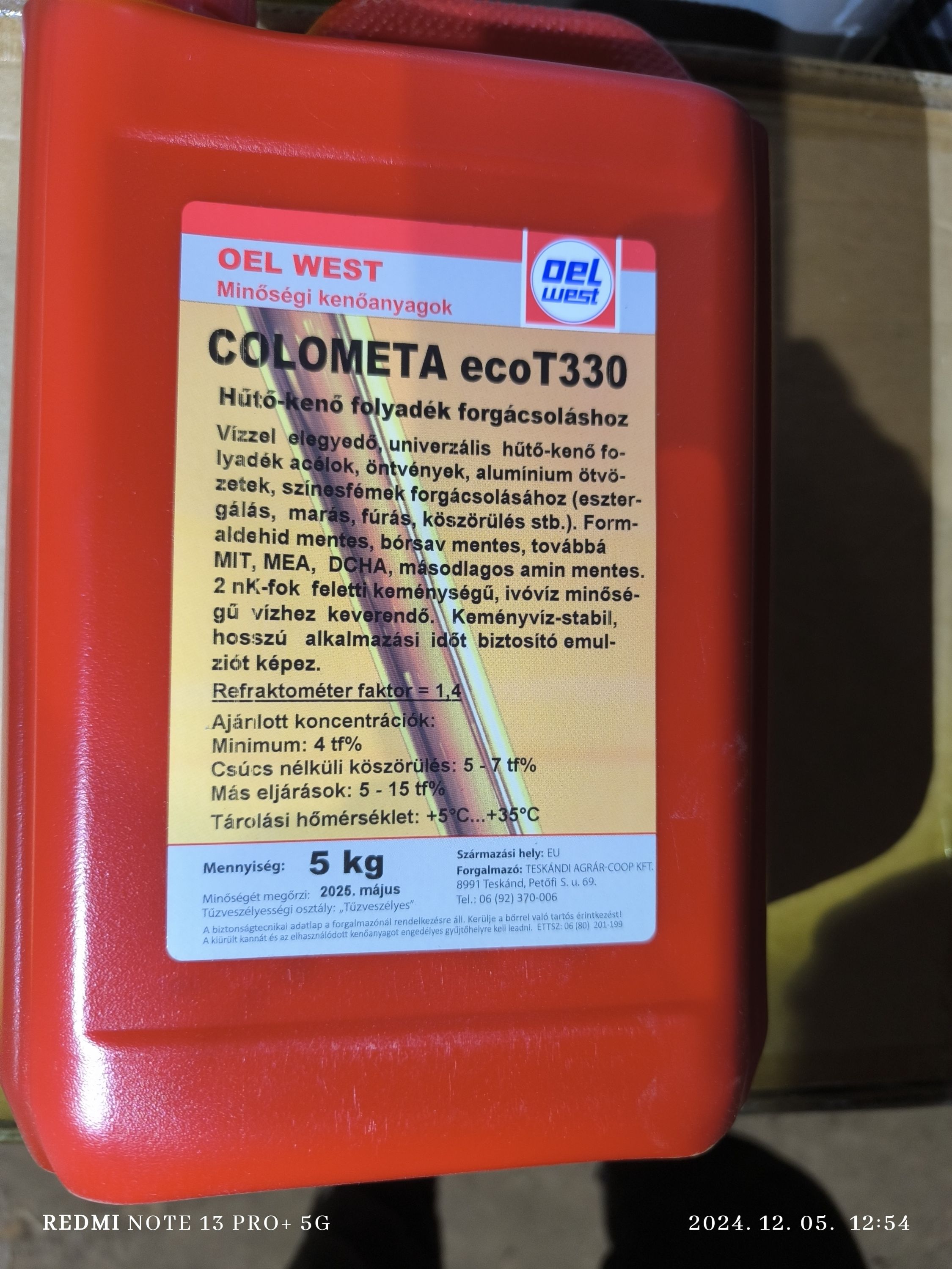 OELWEST COLOMETA eco T330 vágófúró hütőfolyadék koncentrátum 5 kilogram termék fő termékképe