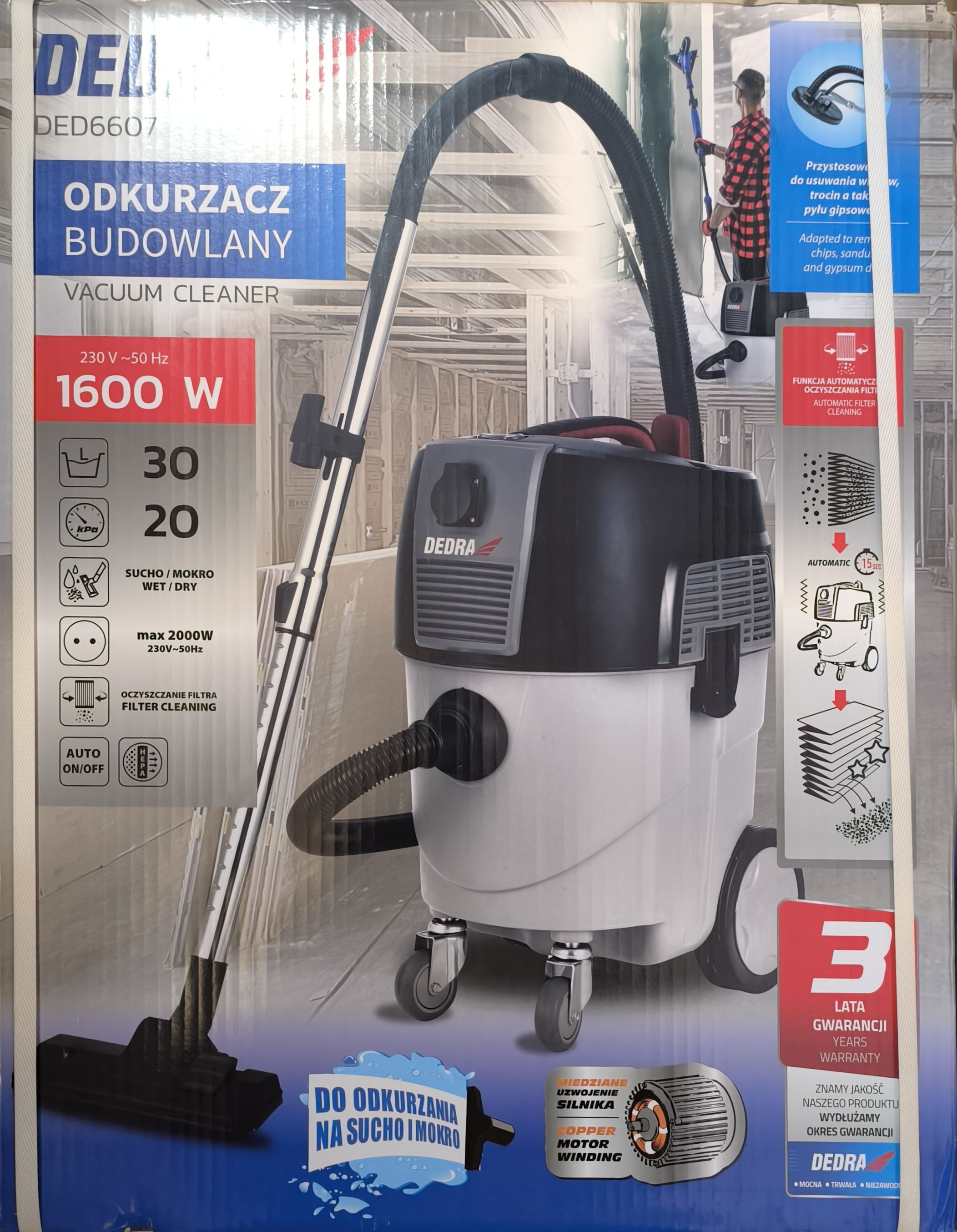 DEDRA Műhelyporszívó automatikus szűrőtisztítással 1600W termék fő termékképe