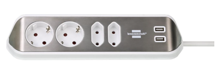 Brennenstuhl Corner kimeneti szalagkábel Estilo 4x DE F típusú (CEE 7/3) aljzat / Euro C típusú (CEE 7/16) aljzat / USB-A Socket - DE F típusú (CEE 7/4) dugó Ezüst / Ezüst/fehér 2m termék fő termékképe
