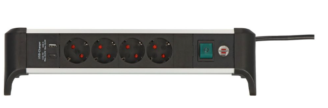 Brennenstuhl Asztali elosztó Alu Office-Line 4x DE F típusú (CEE 7/3) aljzat / USB-A aljzat / USB-C aljzat - DE F típusú (CEE 7/4) dugó Fekete/világosszürke 1.8m termék fő termékképe