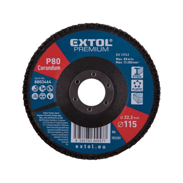 EXTOL Lamellás csiszoló acél, Alu, műa. és fa munkadarabok csiszolására, 125×22mm; P120, kúpos,max.:12.300 ford./perc, EN13743 termék fő termékképe