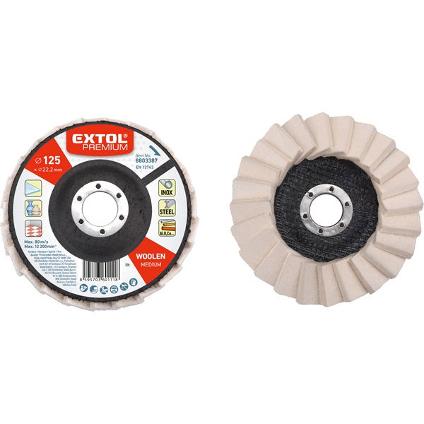 EXTOL Lamellás polírozó filc, INOX, acél és ALU munkadarabok polírozására 125×22mm (darabáras, de csak ötösével rendelhető) termék fő termékképe