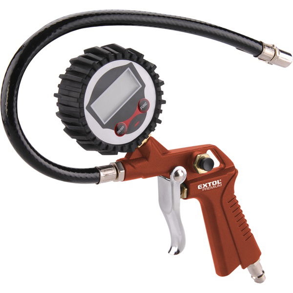 EXTOL Gumiabroncs fúvató pisztoly, digitális manométerrel, max.13 Bar, 1/4" tömlőcsatlakozó, 85-142 l/perc, 2×1,5V AAA elem termék fő termékképe