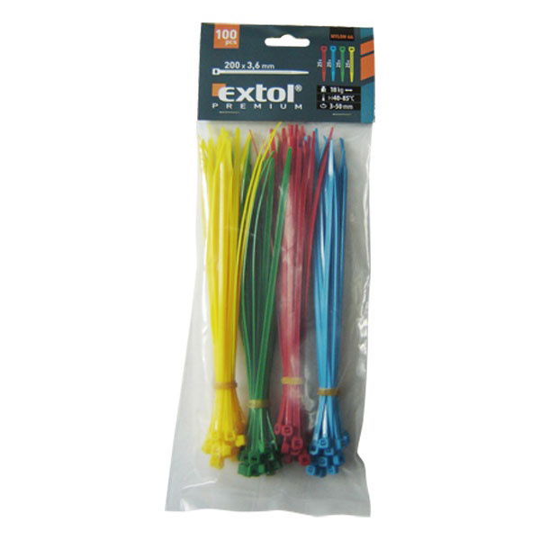 EXTOL kábelkötegelő 3,6×200mm 100db, 4 színű (piros, kék, sárga, zöld), nylon; termék fő termékképe