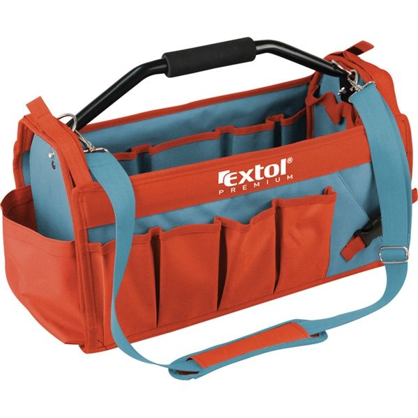 EXTOL szerszámtáska, acélcső vázas, 49×23×28cm, 31 zseb, nylon, állítható, párnázott hordpánt+merev acél fogantyú termék fő termékképe